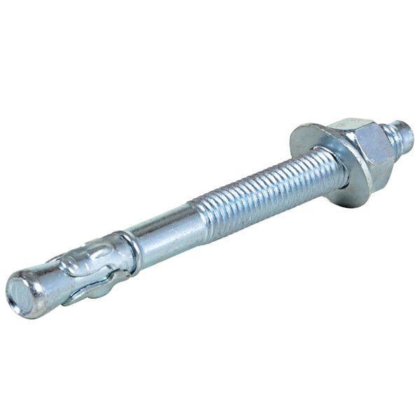 A close-up of a Vestil concrete anchor bolt with a threaded nut.