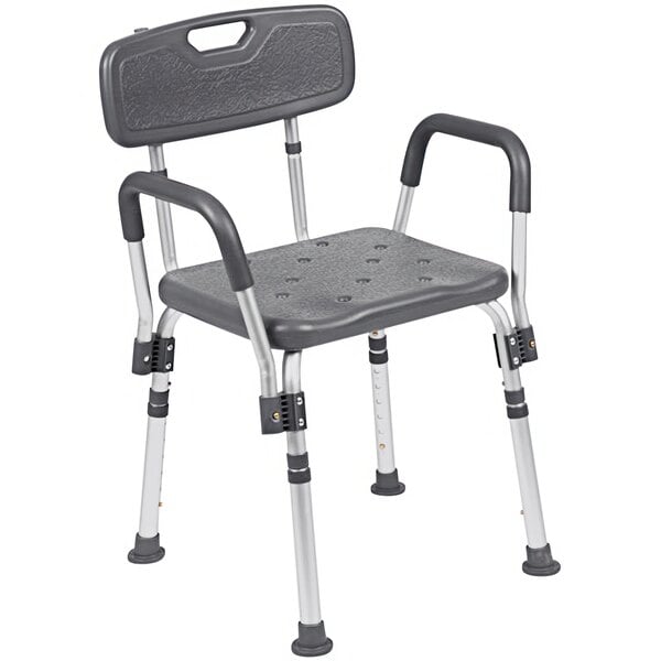 A gray Flash Furniture shower chair with metal legs, back, and arms.