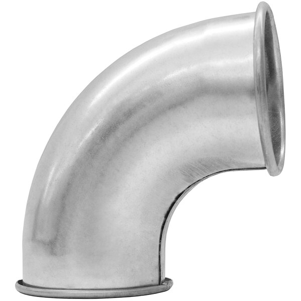 A silver galvanized steel 90 degree elbow pipe.