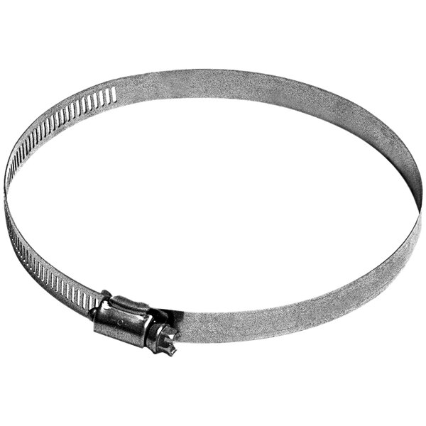 A Nordfab 304 stainless steel hose clamp with a metal clip.