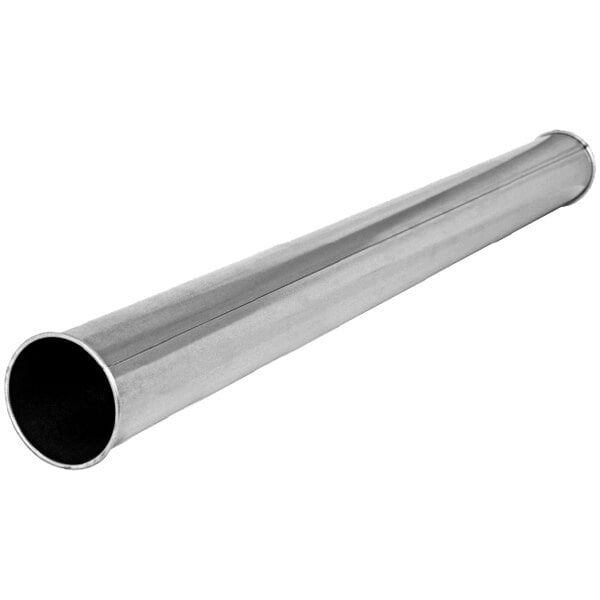 A long galvanized steel duct pipe on a white background.