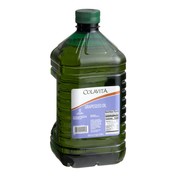 A 1-gallon plastic bottle of Colavita grapeseed oil.