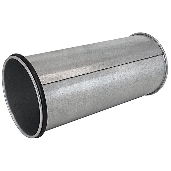 A galvanized steel cylinder with black rubber ends.