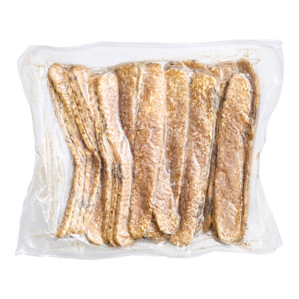 A vacuum-sealed package of Lightlife Smoky Tempeh Strips.