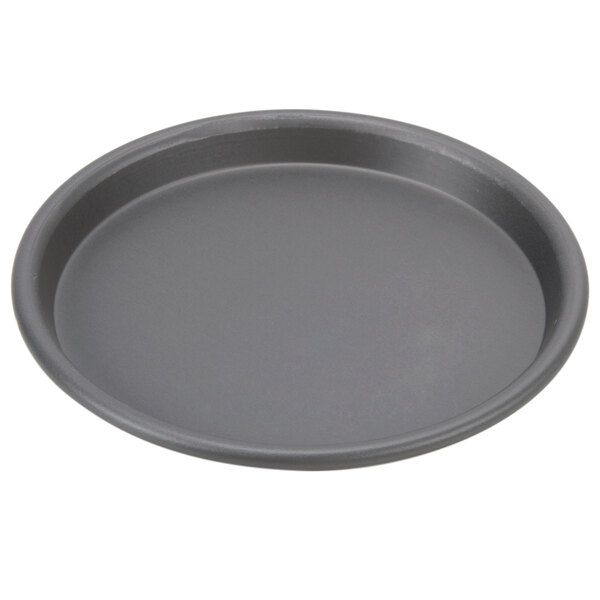 An American Metalcraft hard coat anodized aluminum round pizza pan with a gray surface.