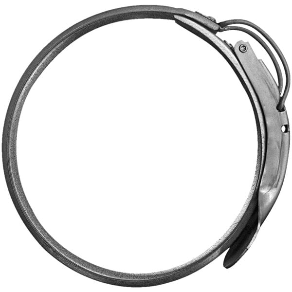 A Nordfab stainless steel clamp with a circular metal ring and a bridge pin handle.
