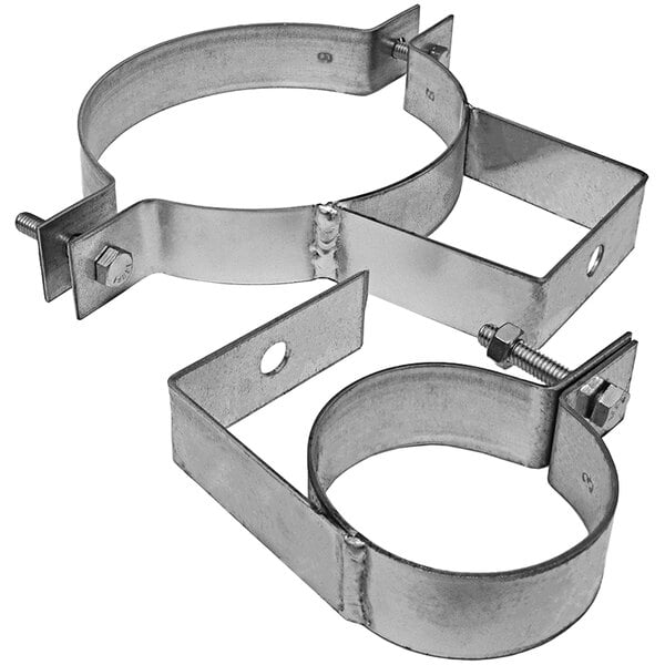 A pair of Nordfab galvanized steel pipe hangers with bolts and nuts.