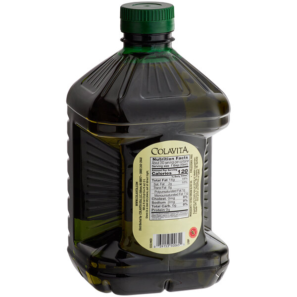 A 3 liter bottle of Colavita Mediterranean Extra Virgin Olive Oil with a label.