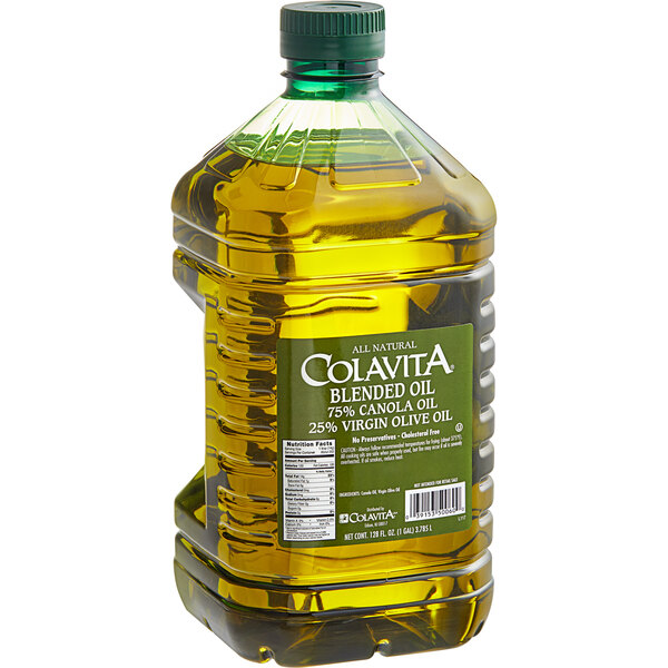 A case of Colavita canola and olive oil blend with green labels.