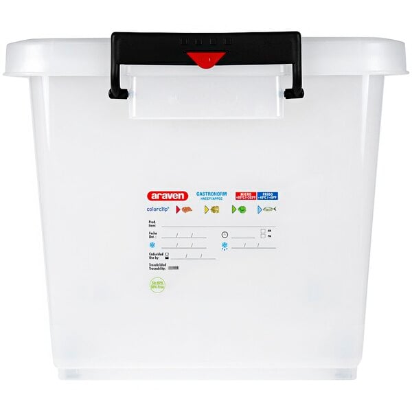 An Araven white translucent plastic food storage box with a black handle.