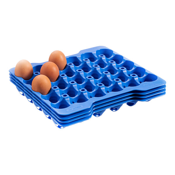 An Araven blue egg tray with eggs in it.