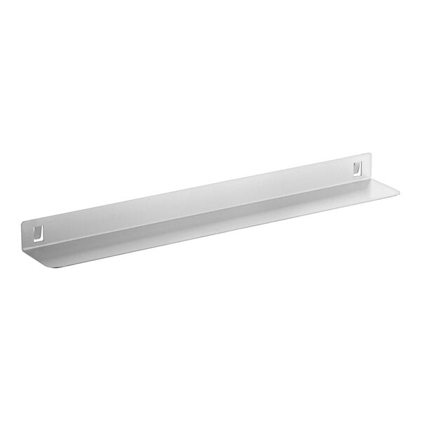 A white rectangular metal shelf with holes.