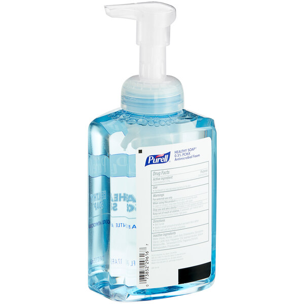 A bottle of Purell Healthy Soap PCMX Antimicrobial Foaming Hand Soap with a pump.