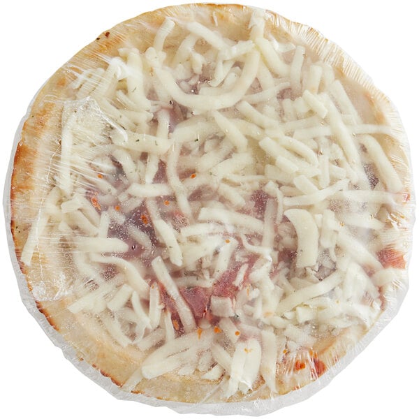 A Papa Primo's cheese pizza wrapped in plastic.