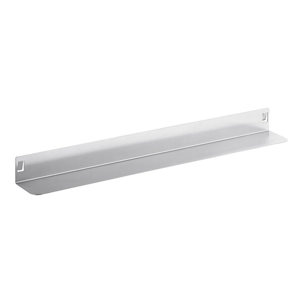A white rectangular shelf with silver metal brackets.