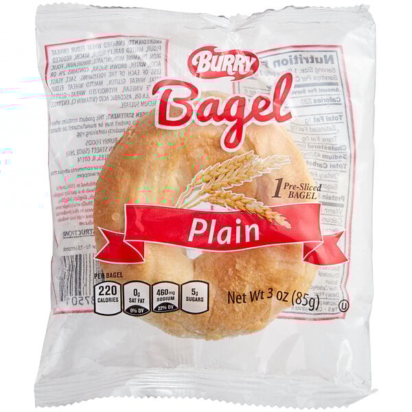 An individually wrapped Burry plain pre-sliced bagel with a red label.