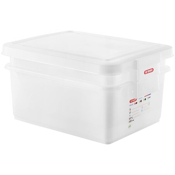 A white polyethylene Araven food storage container with a lid.