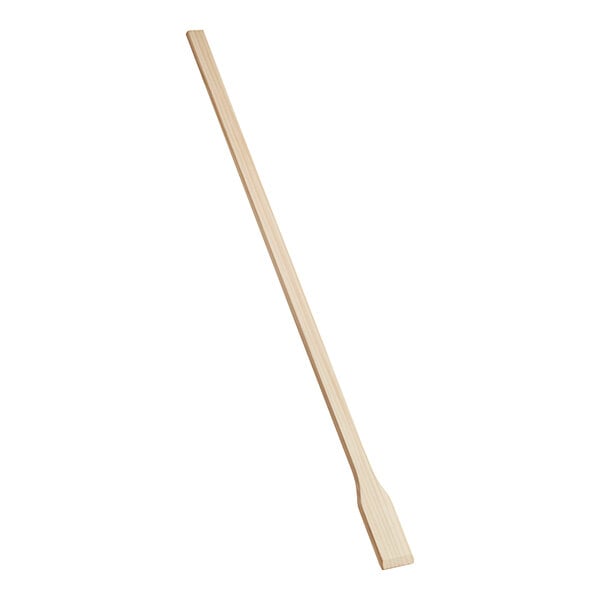 A wooden paddle with a long handle.