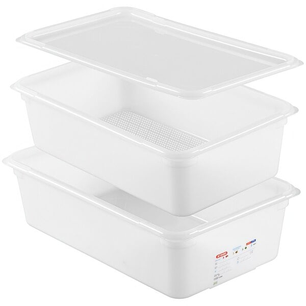 A stack of white Araven plastic food storage containers with lids.