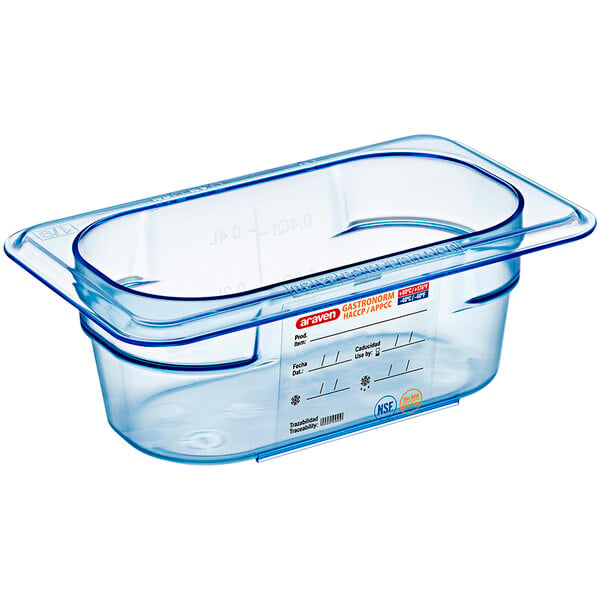 An Araven 1/9 size blue plastic food pan with a lid.