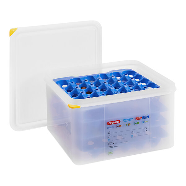 An Araven translucent plastic egg storage box with blue lids.