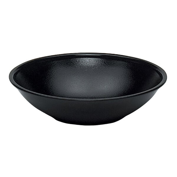 A close-up of a black Cambro salad bowl.