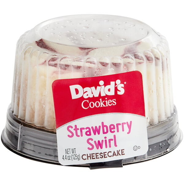 A David's Cookies single serve strawberry swirl cheesecake.