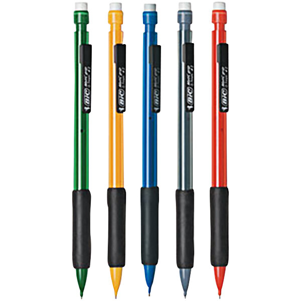 A group of Bic mechanical pencils with black, red, and white caps.