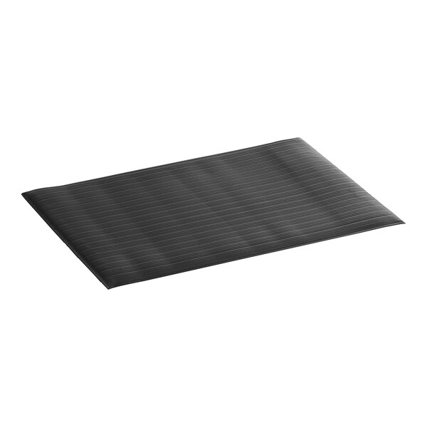 A black rectangular Lavex anti-fatigue mat with lines on it.