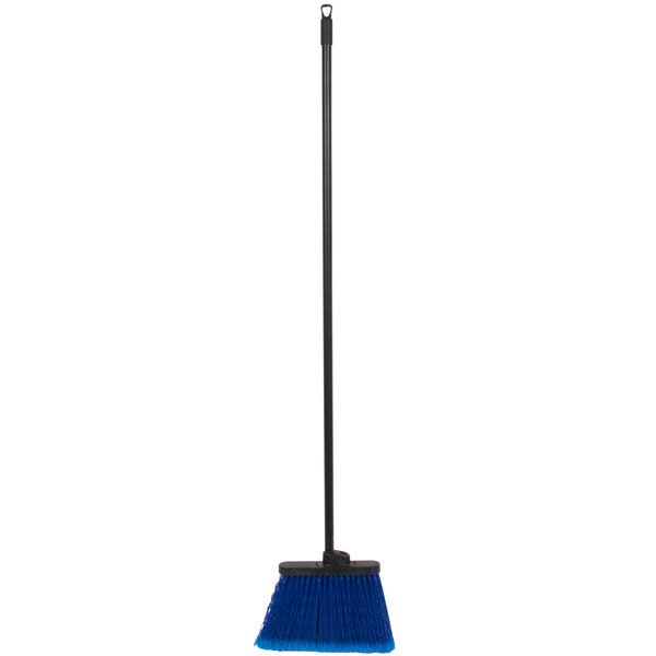 A blue broom with a black handle.