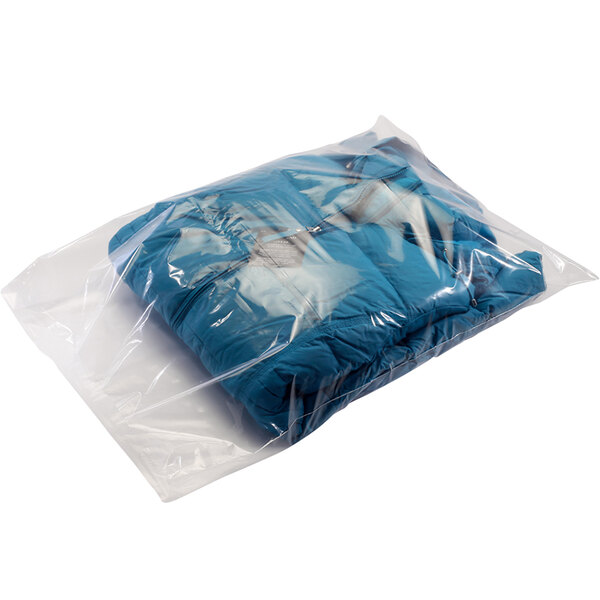 A Lavex clear plastic poly bag containing blue clothes.