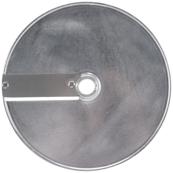 A Robot Coupe 3/16" Slicing Disc, a circular metal disc with a knife on it.