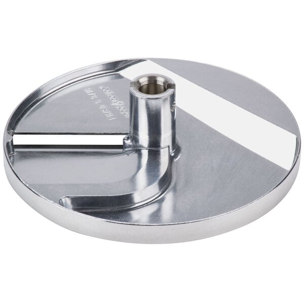A Robot Coupe stainless steel slicing disc with a white stripe.