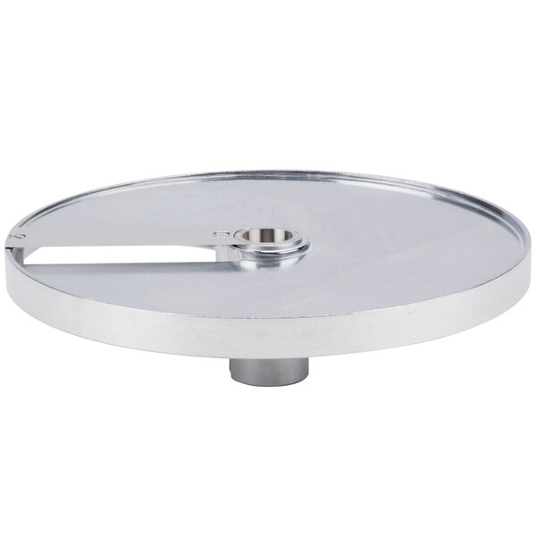 A Robot Coupe 3/16" stainless steel slicing disc with a handle.
