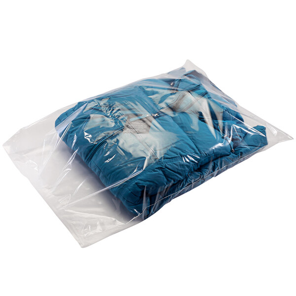 A Lavex clear plastic poly bag with blue clothes inside.