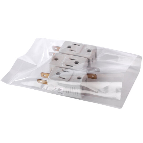 A clear plastic Lavex poly bag filled with electrical plugs.