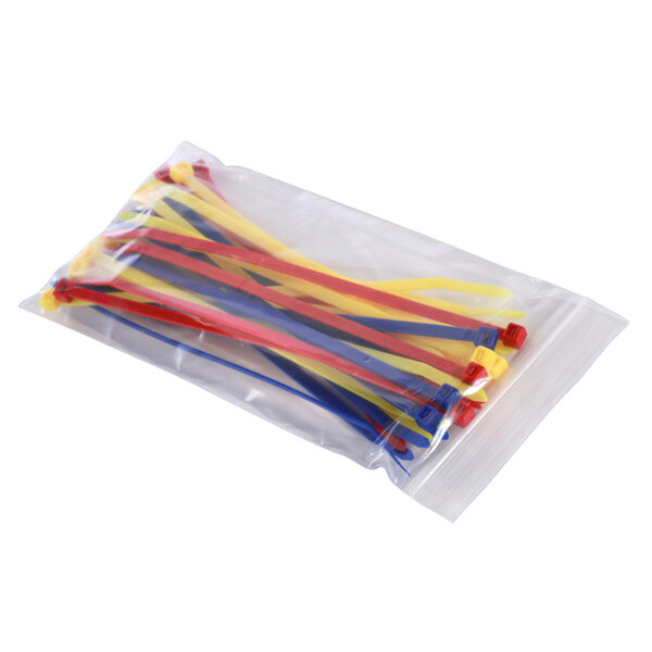 A clear poly bag of colorful ties.