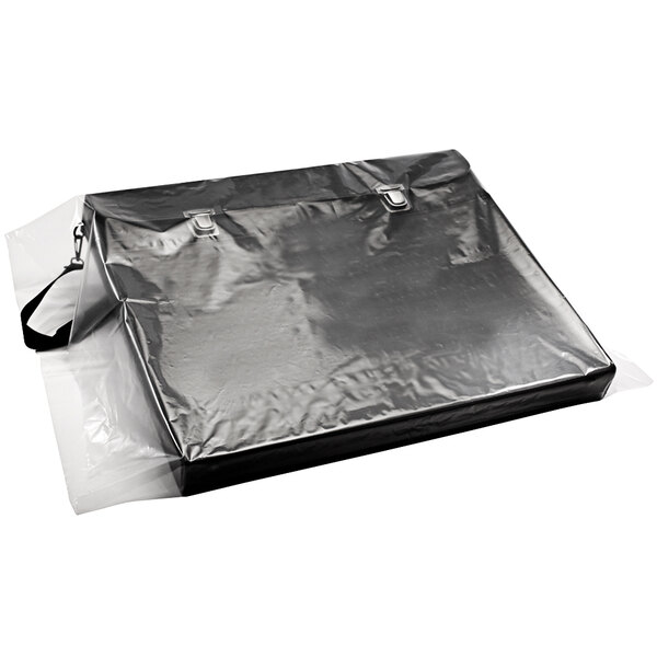 A clear flat poly bag with handles.