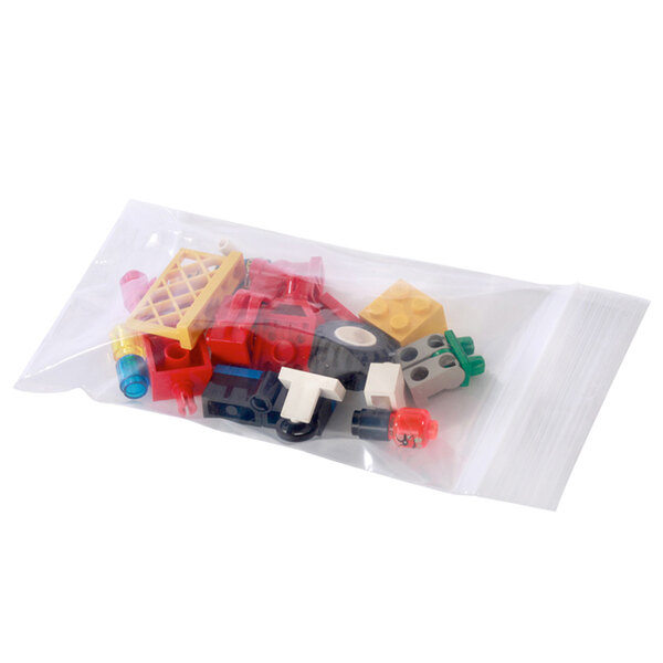 A Lavex clear plastic bag filled with colorful toy blocks.