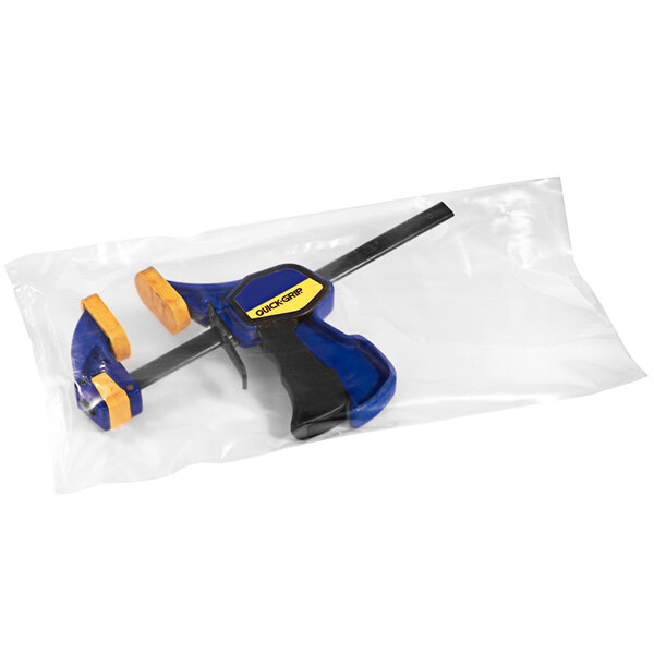 A Lavex clear poly bag with a blue and yellow tool inside.