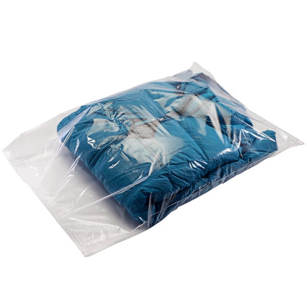 A Lavex clear plastic bag holding a blue jacket.