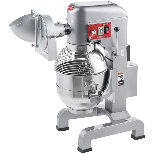 An Avantco commercial floor mixer with a metal stand and a metal and red shredder attachment.
