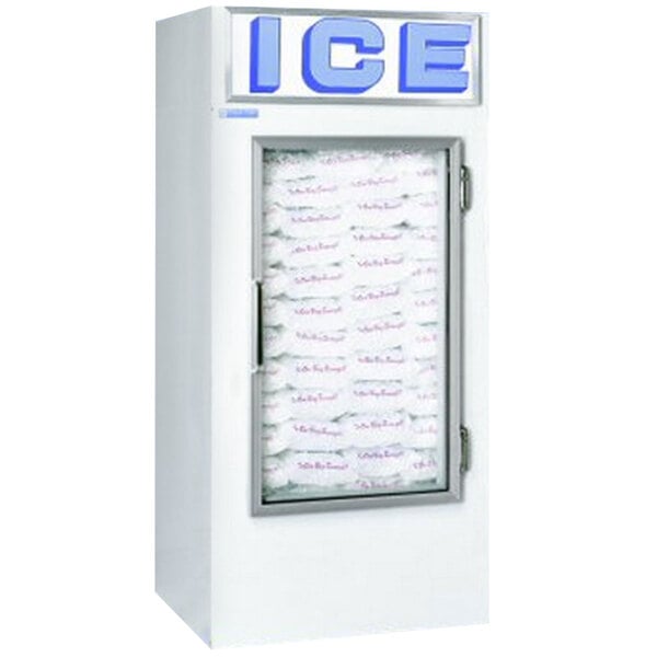 A white rectangular Polar Temp ice merchandiser with a glass door.