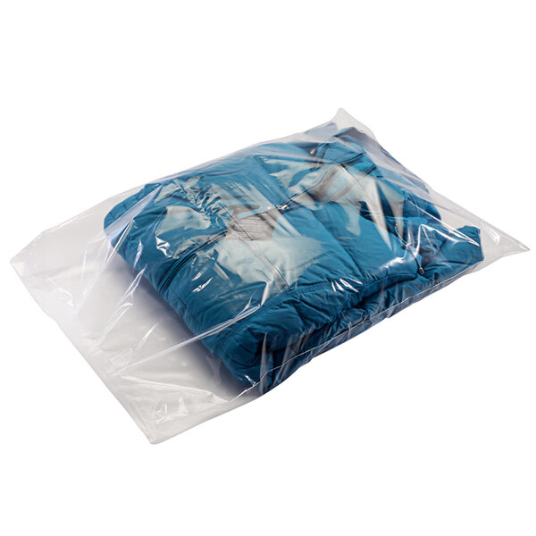 A Lavex clear plastic poly bag with blue clothes inside.