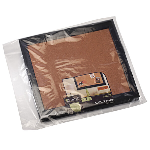 A Lavex clear poly bag containing a cork board.