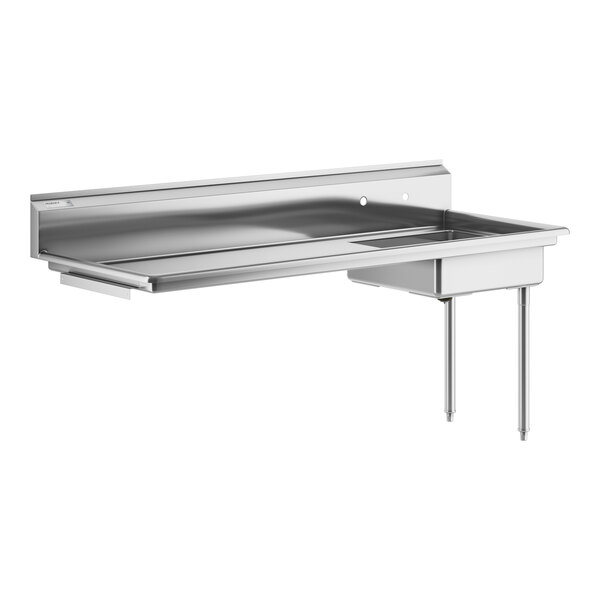 A Regency stainless steel dishtable with a right drainboard, legs, and a shelf.