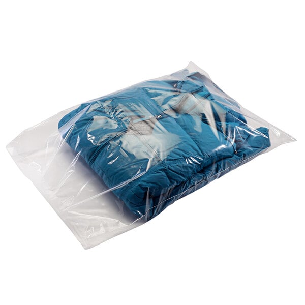 A blue jacket in a clear Lavex poly bag.