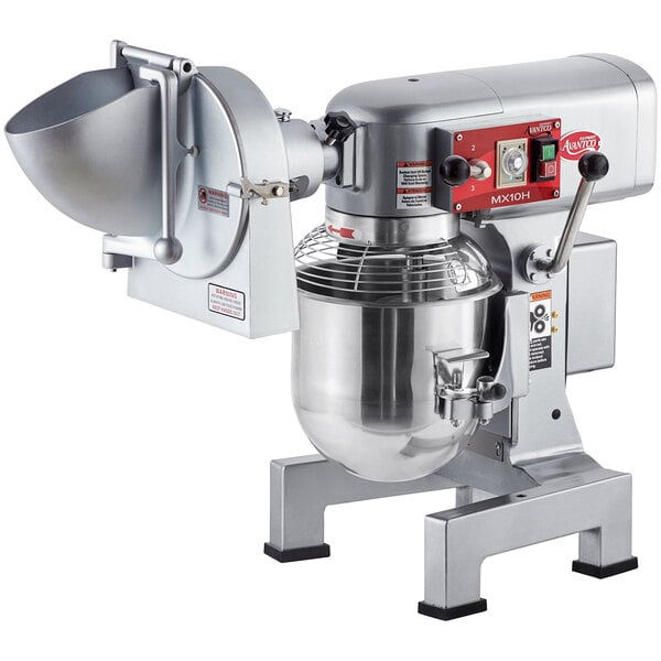 An Avantco 10 Qt. stand mixer with attachments and a guard.