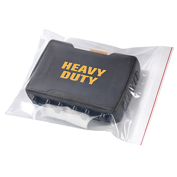 A clear plastic bag with the words "heavy duty" in black.