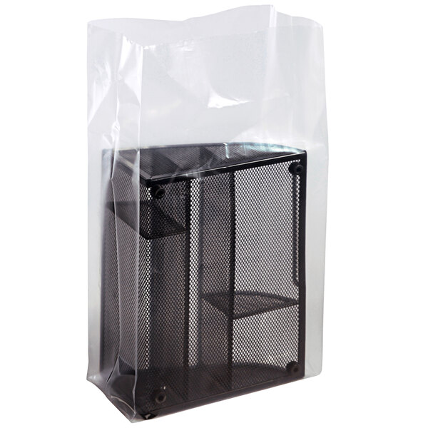 A Lavex clear polyethylene bag containing a black mesh object.